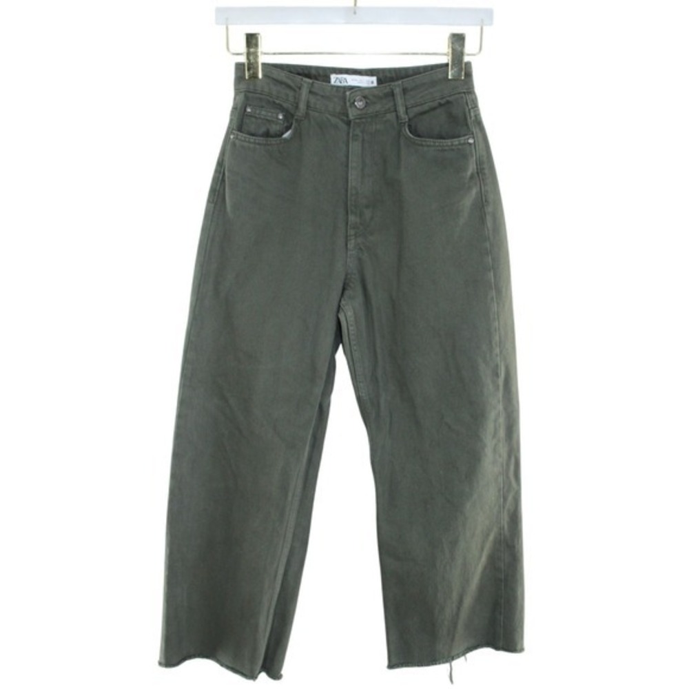 Zara High Waisted Wide Leg Jeans Olive Green Raw Hem Size 2 Cotton Denim